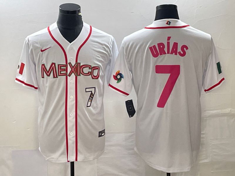 Men 2023 World Cub Mexico 7 Urias White pink Nike MLB Jersey1